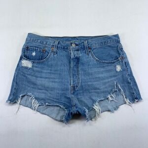 Levis 501 Womens Denim Shorts 32 Big‎ E Distressed Rips Grunge Light Wash Size